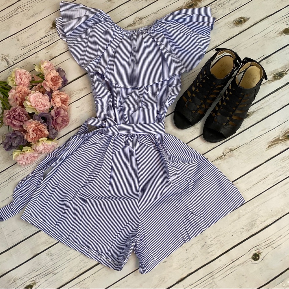 Blue Striped Off Shoulder Jumpsuit with Tie Waist - Picture 8 of 14